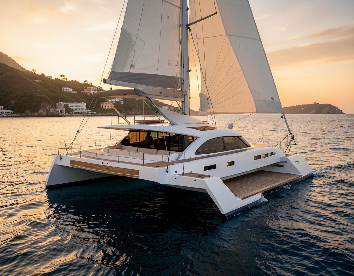 Velas de un catamarán sobre el mar Caribe al atardecer